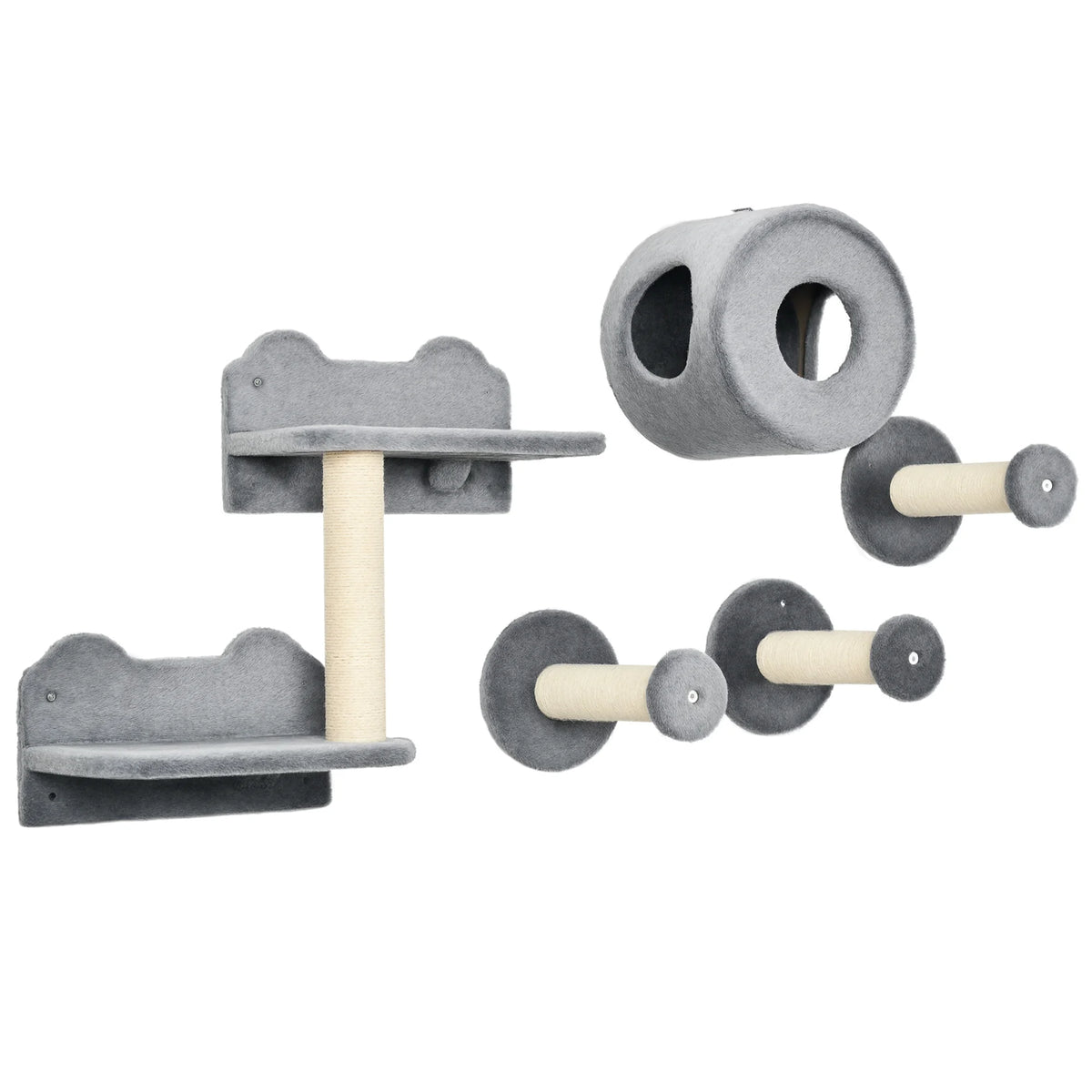 5 Piece Wall Mounted Cat Shelves Set with Cat House Scratching Posts and 6 Levels Plush Grey