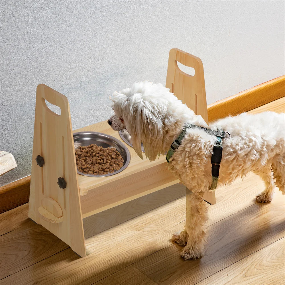 Height Adjustable Elevated Dog Bowl Stand Pine Wood 2 Stainless Steel Bowls 43x24.5x40.5cm