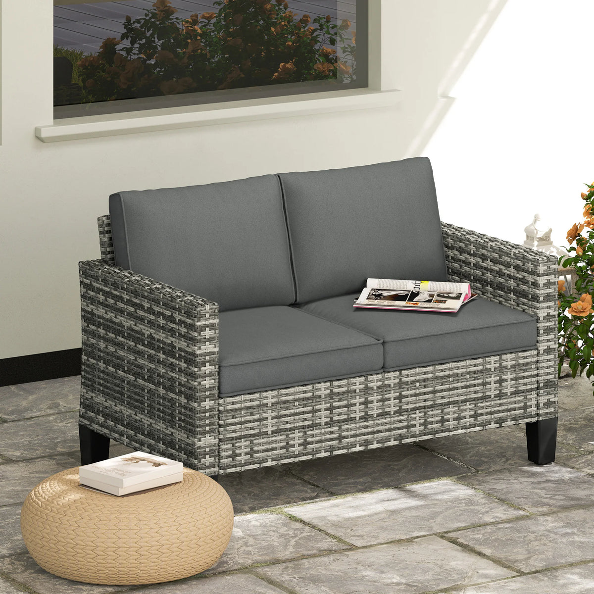 2 Seater Rattan Garden Sofa with Cushions, Wicker Loveseat with Armrests