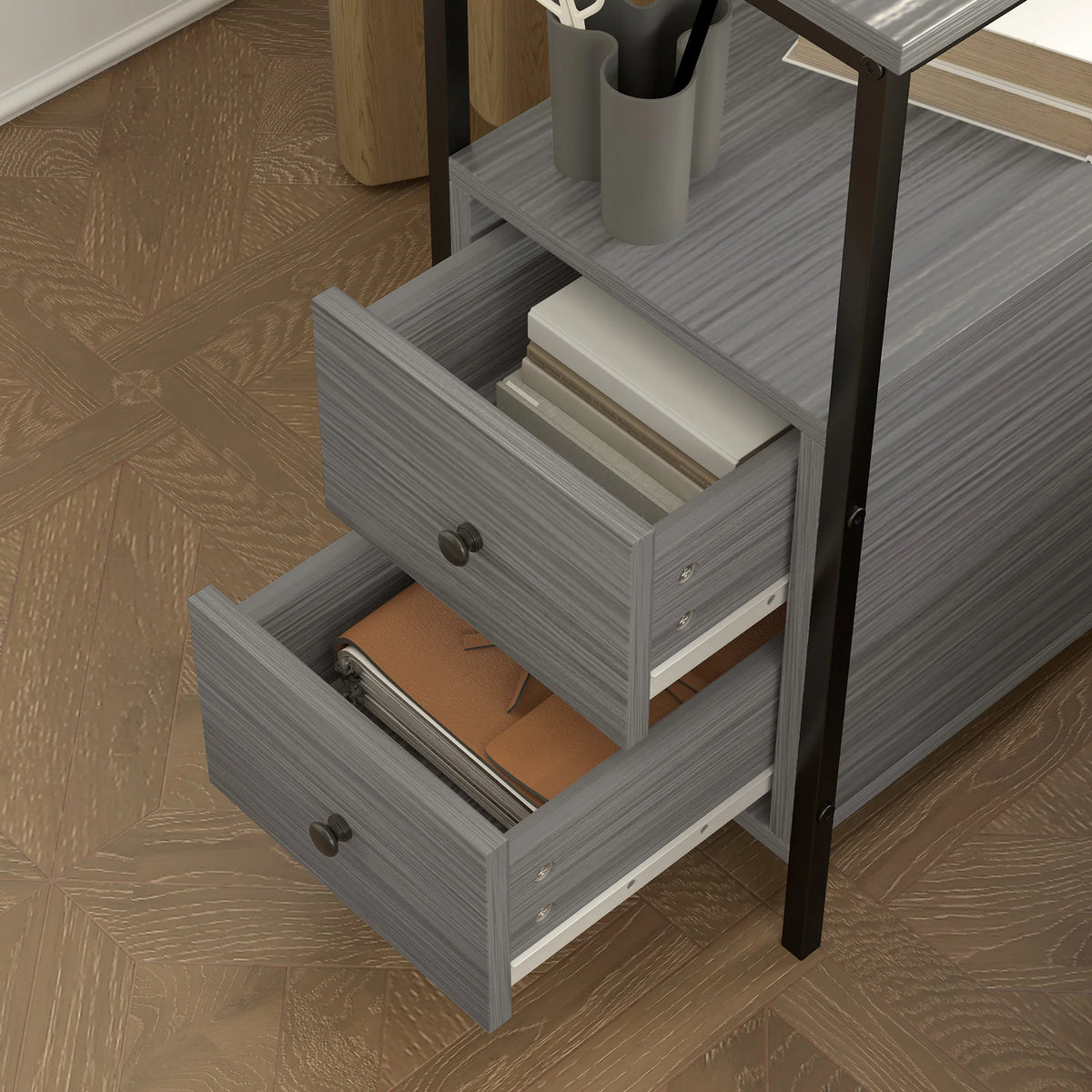 Narrow End Table, Sofa Side Table with 2 Drawers Storage Shelf, Grey