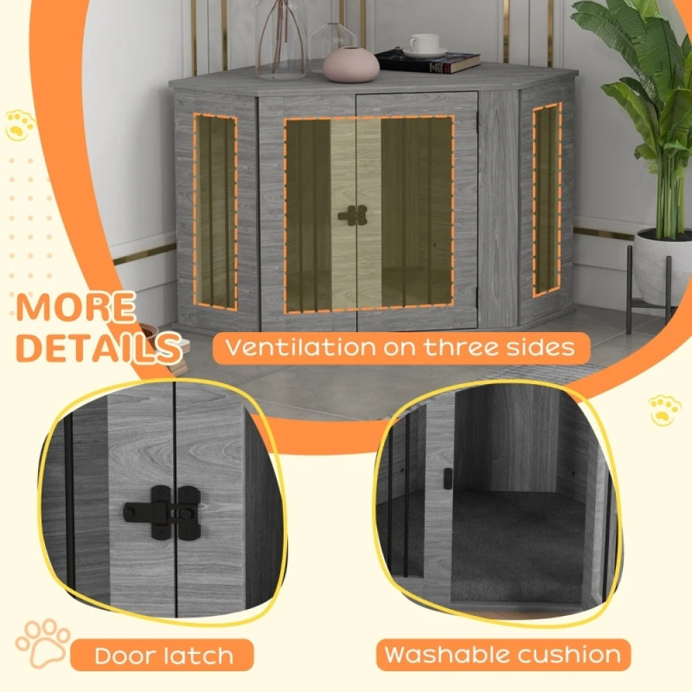 2 in 1 Dog Crate Furniture Side Table 104x55x63cm with Cushion Grey for Medium Dogs