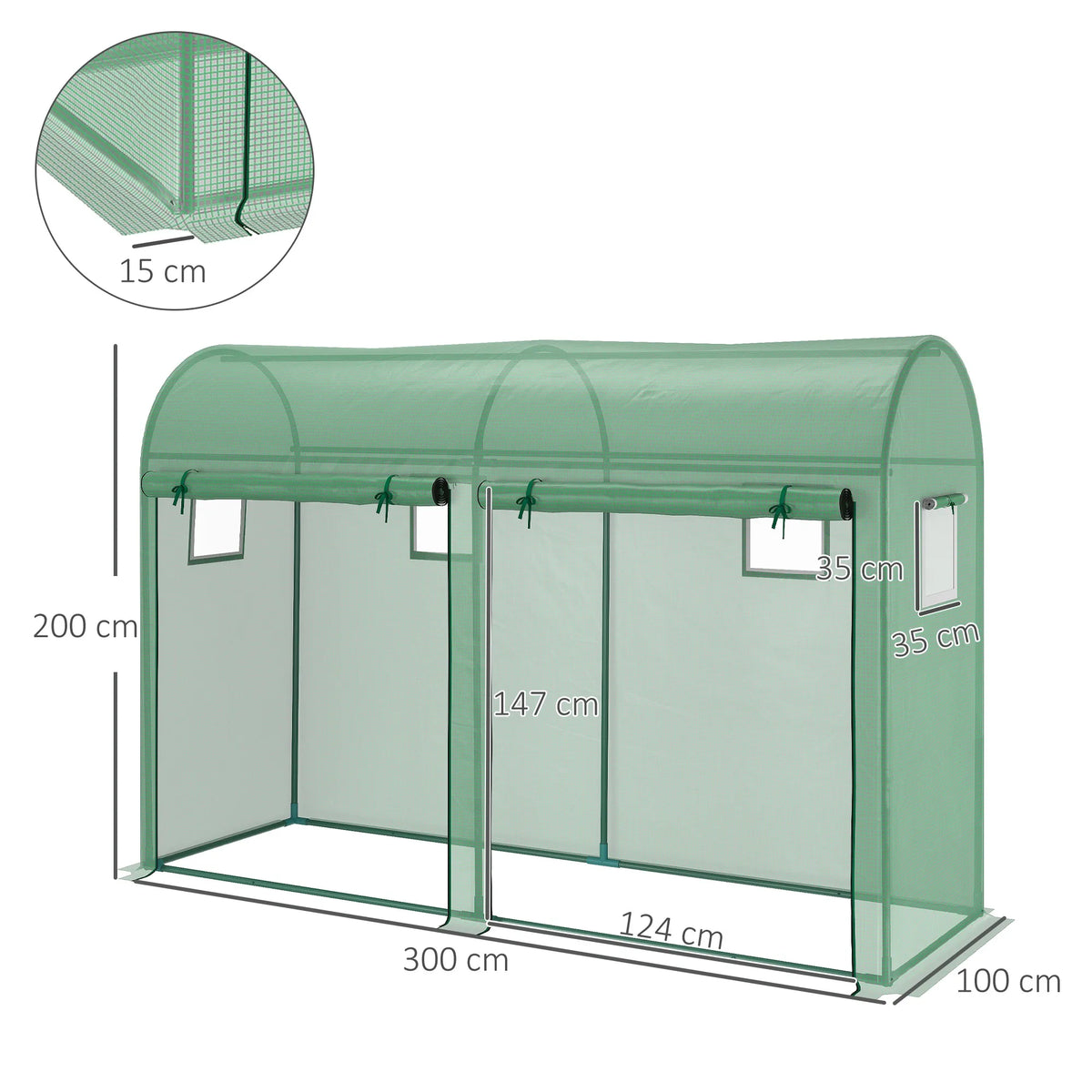 Tomato Greenhouse with 2 Roll-Up Doors and 4 Windows, 3 x 1 x 2m, Green