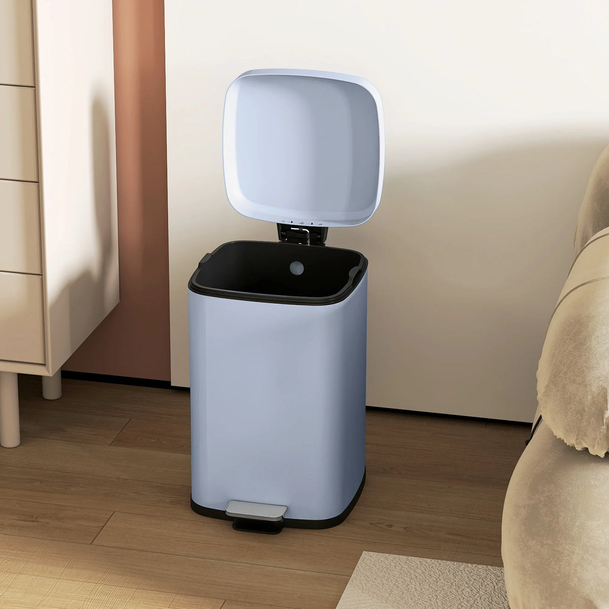 20L Kitchen Pedal Bin, Metal Rubbish Bin with Soft-close Lid, Light Blue