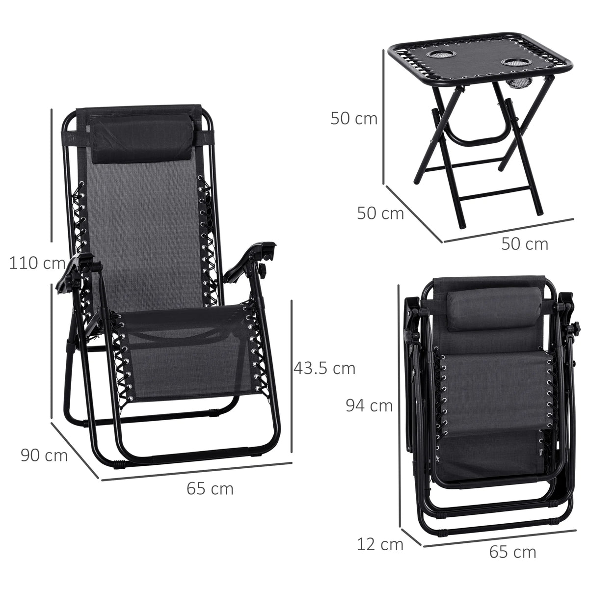 3pcs Folding Zero Gravity Chairs Sun Lounger Table Set w/ Cup Holders Reclining Garden Yard Pool, Black