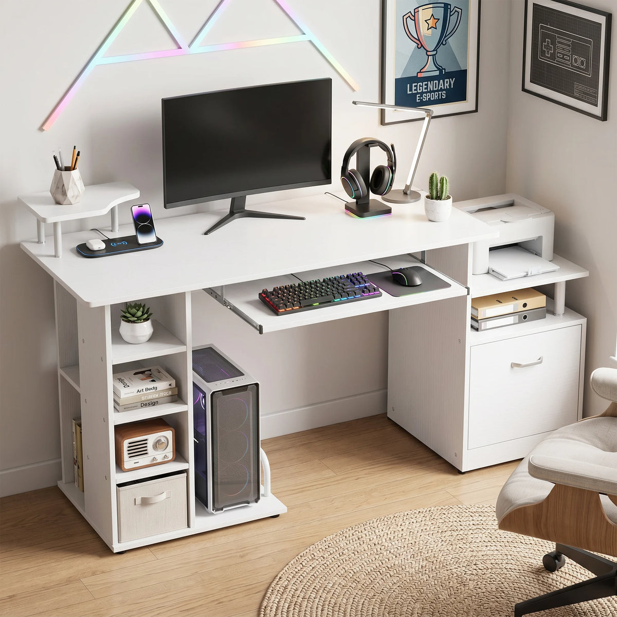 Computer Desk with Keyboard Tray, Printer Shelf and Storage, 120cm, White