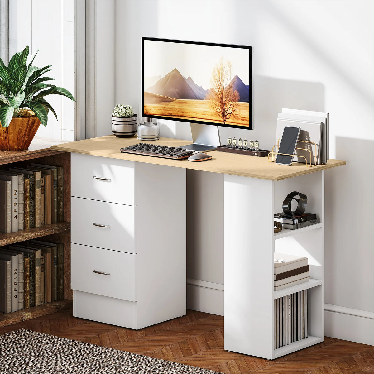 Computer Desk 120x49x72cm with 3 Drawers and 3 Open Shelves Reversible MDF Study Table Natural