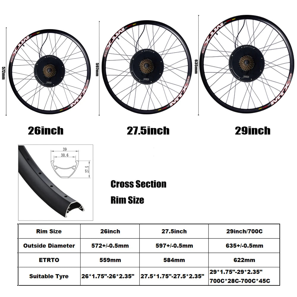 48V 1000W or 1500W Rear Wheel E-Bike Conversion Kit with Optional 48V 25Ah Battery, 26", 27.5" and 29"