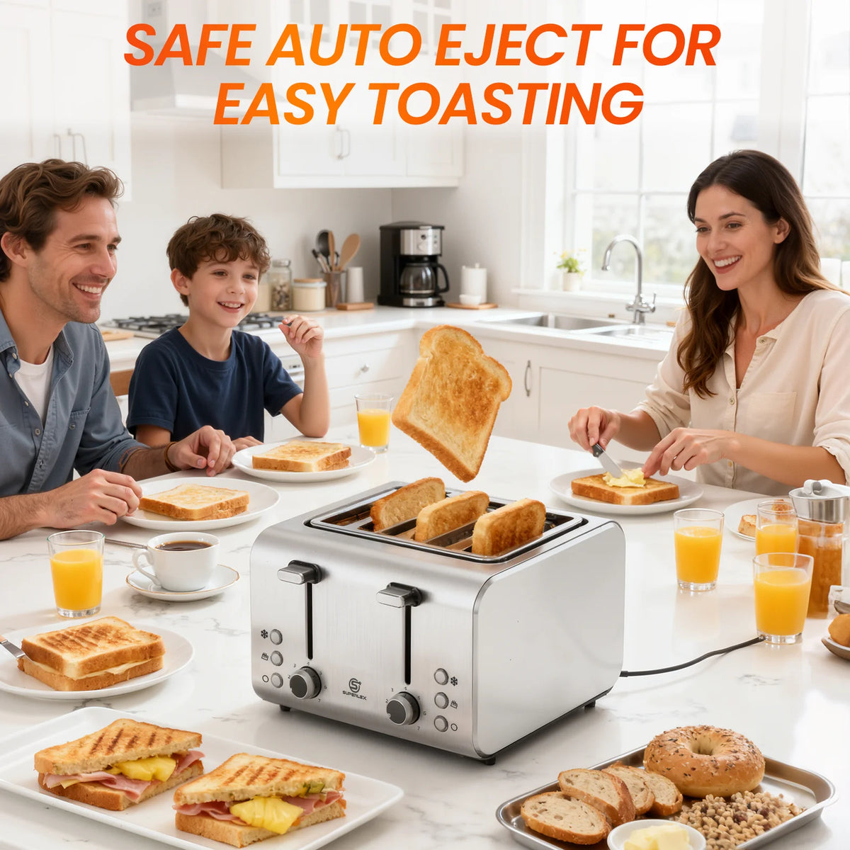 4 Slice Toaster 1600W Stainless Steel with 7 Browning Settings Defrost Reheat Function and Removable Crumb Tray