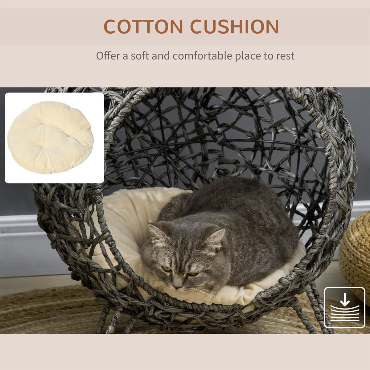 Elevated Rattan Cat House with Cushion Hand Woven PE Wicker Basket on 3 Metal Legs Large Entrance Grey
