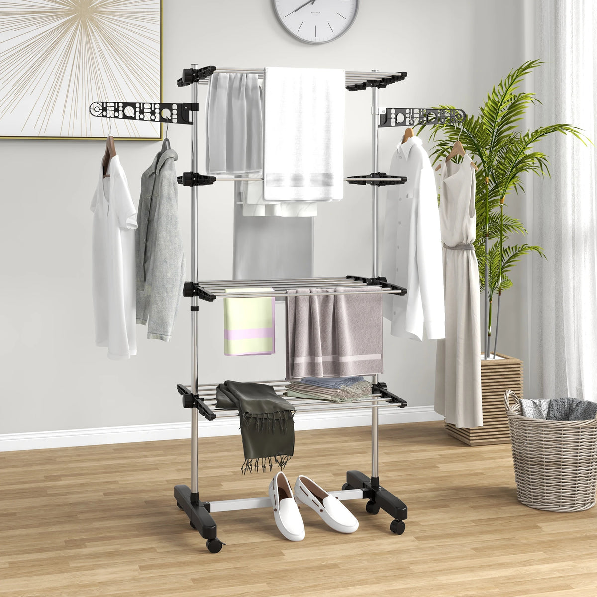 4-Tier Stainless Steel Clothes Airer with Wheels, Folding Drying Rack