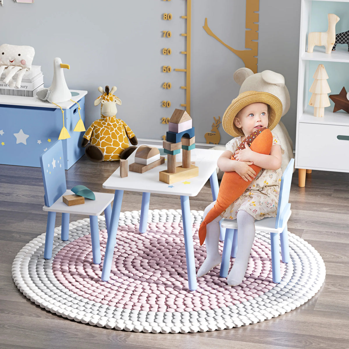 Childrens table with angled pine wood legs shown from the side