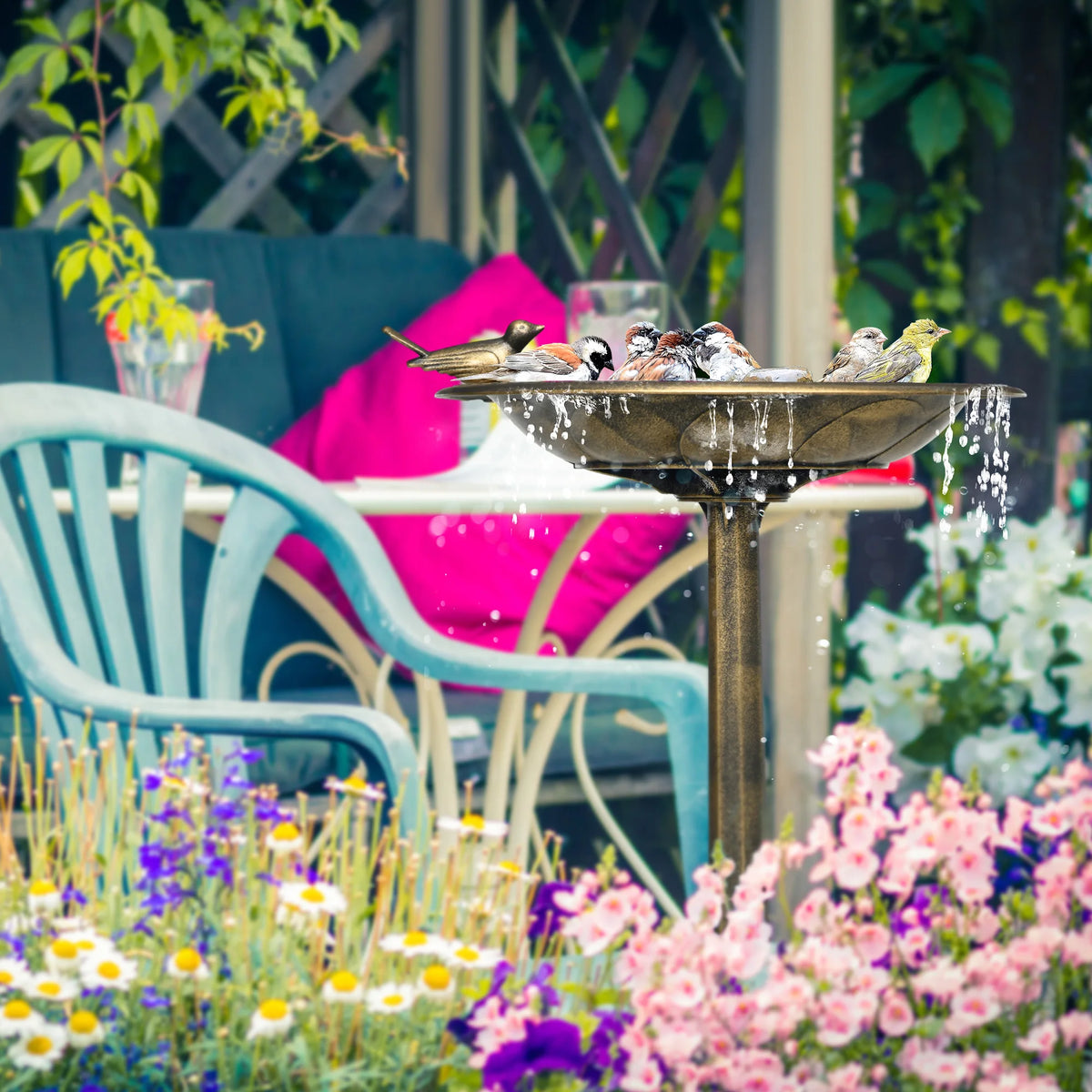 Bird Bath 72cm Tall with 2 Basins Bird Statue Flower Pattern Hand Painted Plastic Frost Resistant Bronze Tone
