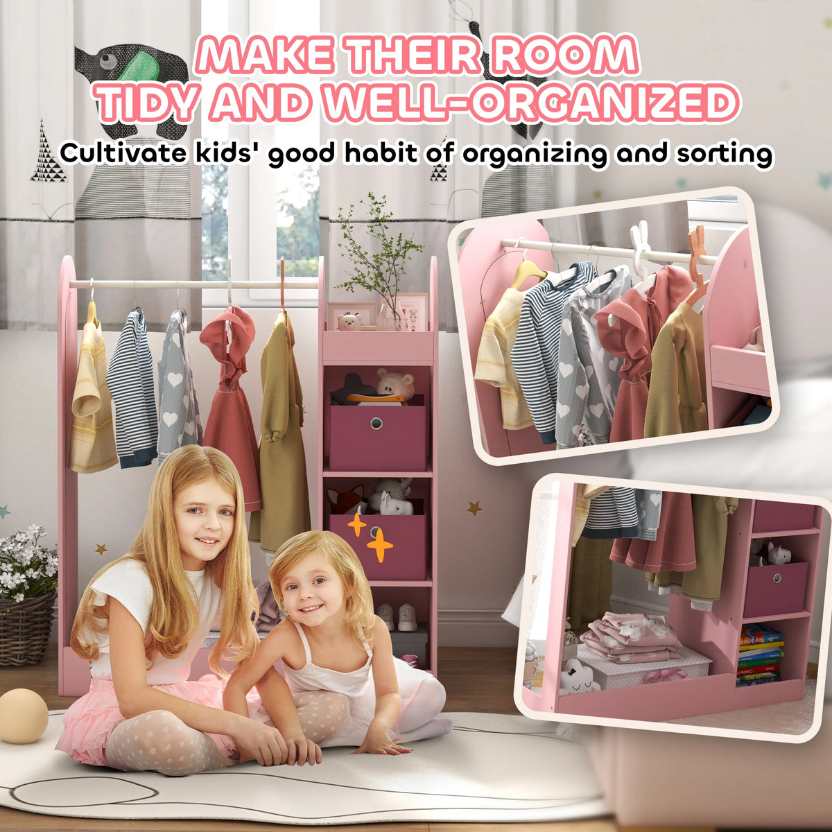 Kids Dress-Up Clothes Rail with Storage Shelf, Boxes and Mirror