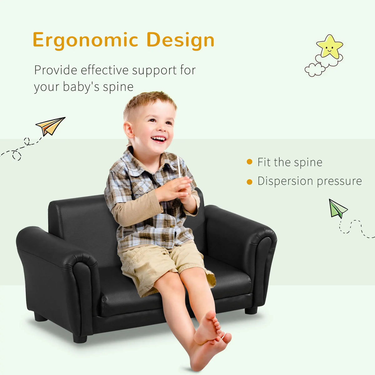 Kids 2 Seater Sofa with Footstool Toddler Twin Chair with Armrests Solid Wood 60kg for Ages 18-36 Months