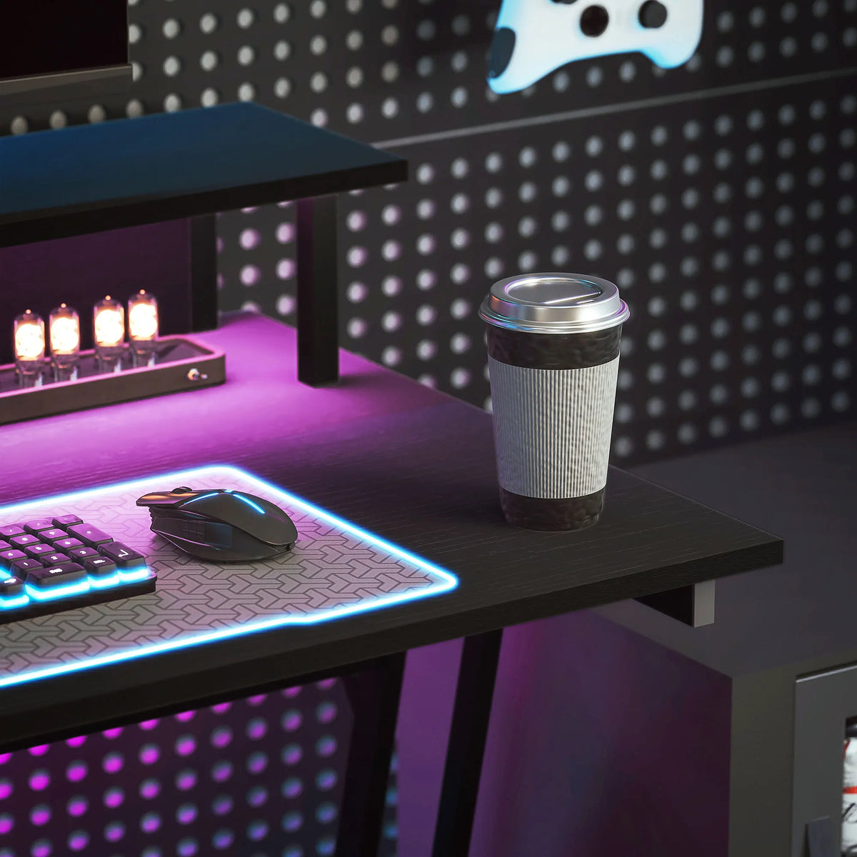 LED Gaming Desk with Power Outlets and Monitor Stand, 100 x 60cm, Black