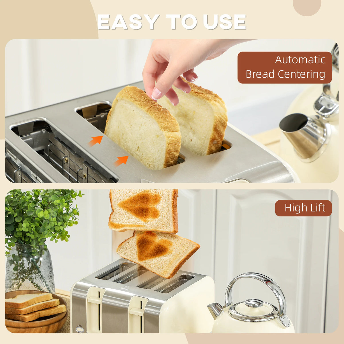 1.7L Kettle and 4-Slice Toaster Set, Cream and Stainless Steel
