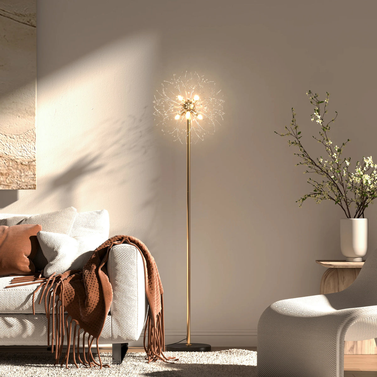 Dandelion Crystal Floor Lamp with Marble Base and Foot Switch, Gold Tone