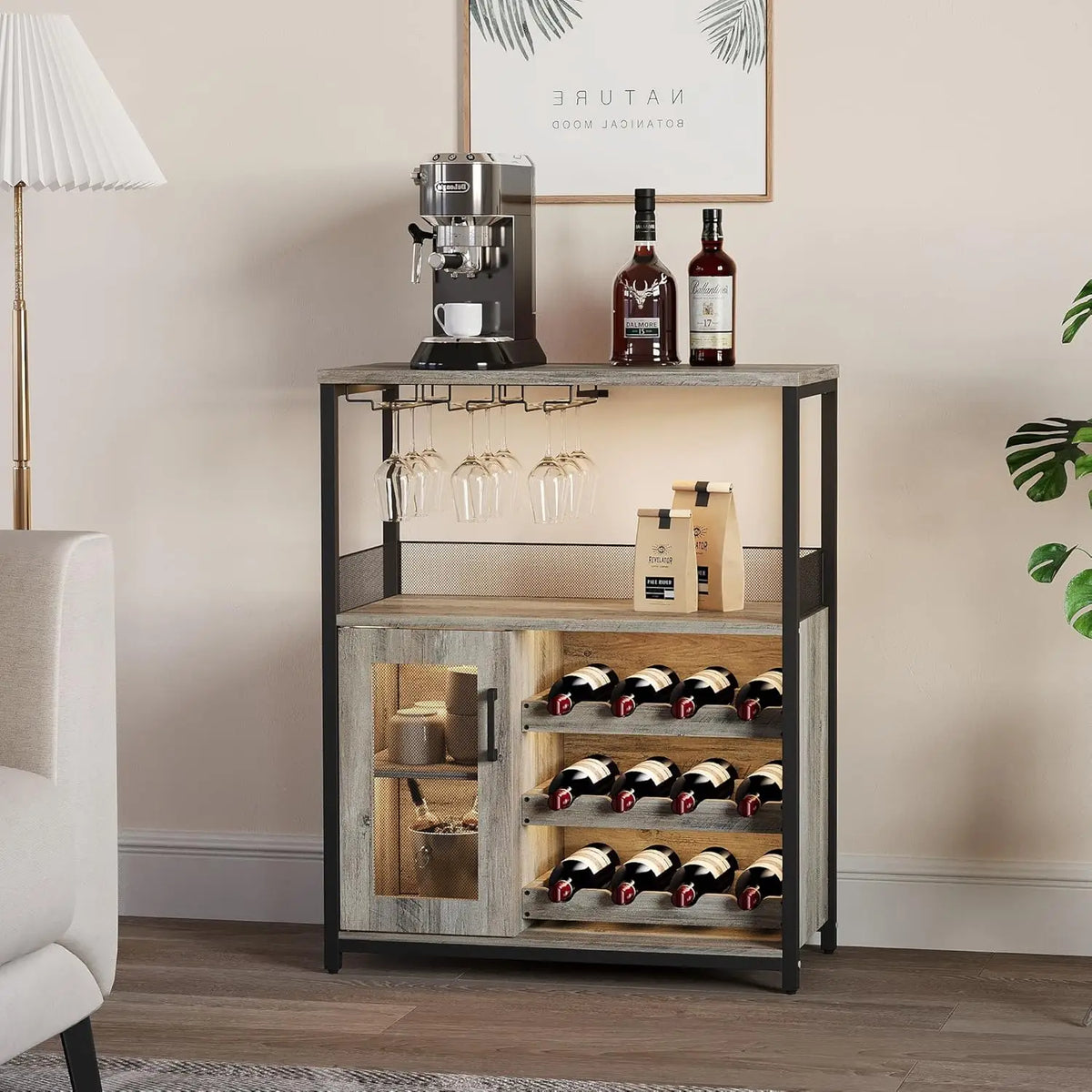 Bar Cabinet with Detachable Wine Rack and Glass Holder | 36 Inch Mesh Door Coffee Bar Cabinet with Adjustable Shelves
