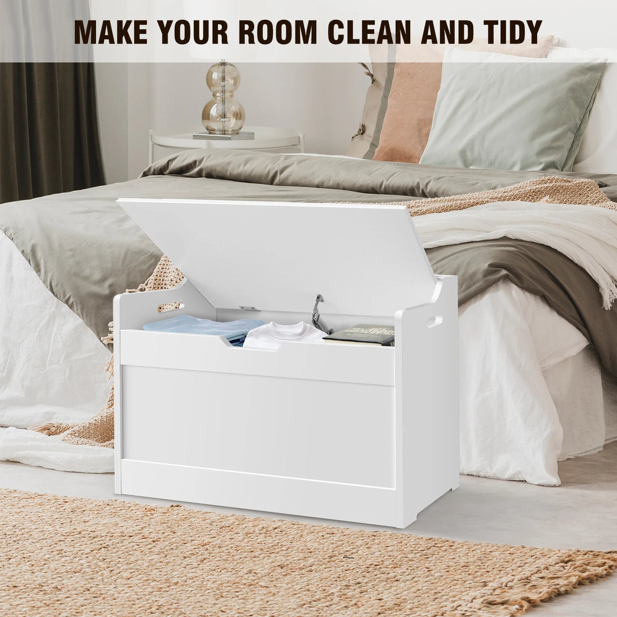 Wooden Storage Box and Bench 40x62.2x46cm 2 in 1 Toy and Blanket Chest MDF Safety Hinge U Shaped Cutout