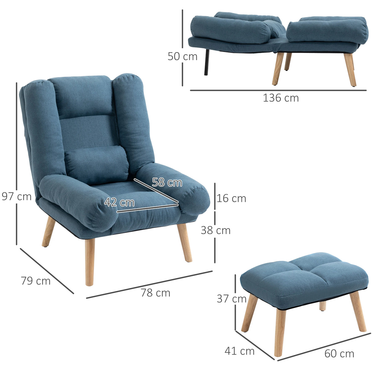 Recliner Chair with Ottoman, 3 Position Reclining Lounger with Footstool, Blue