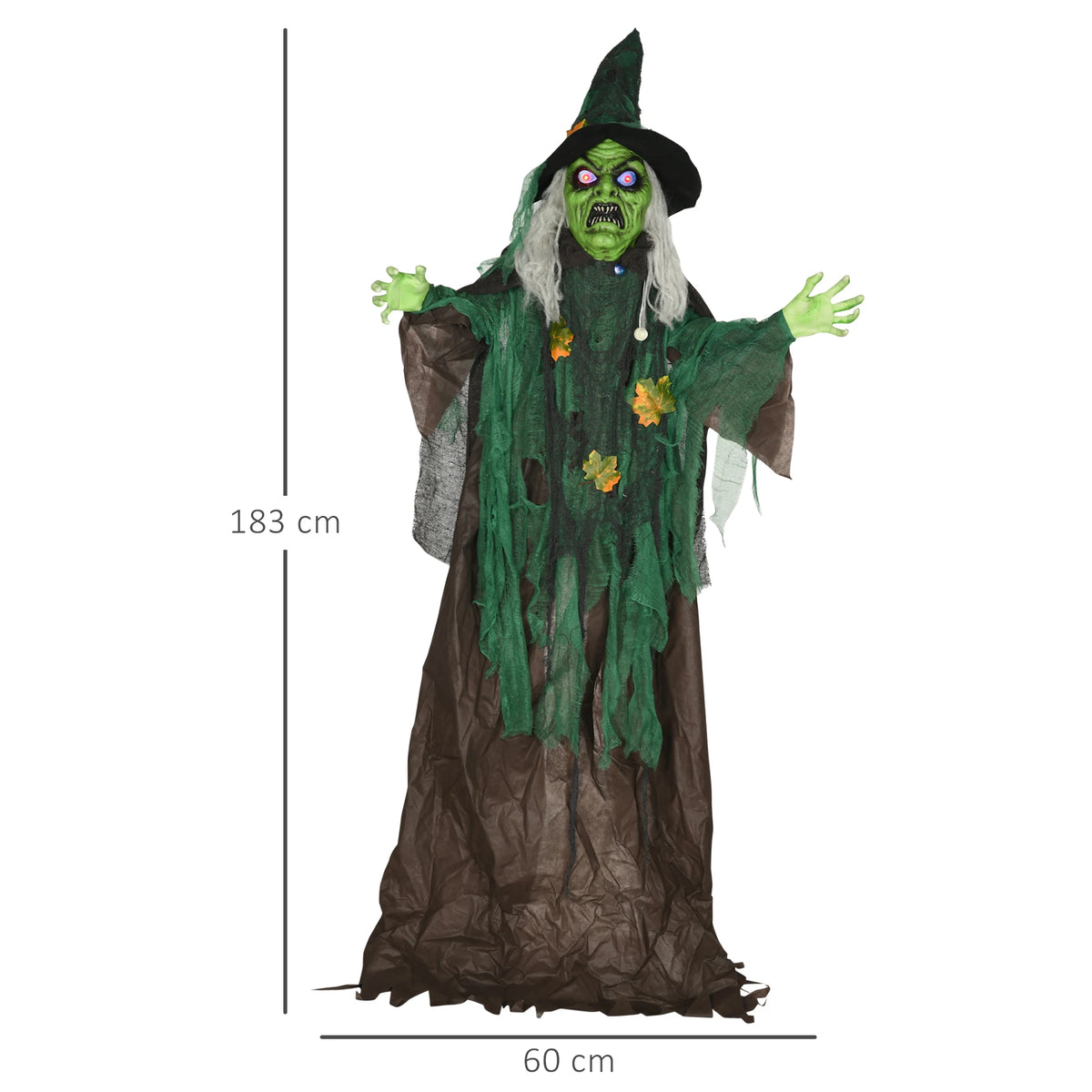 Bendable arms on a 183cm Halloween witch prop