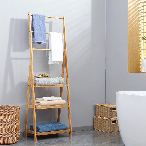 Foldable Natural Bamboo Towel Rack with 3 Towel Rails and 3 Shelves