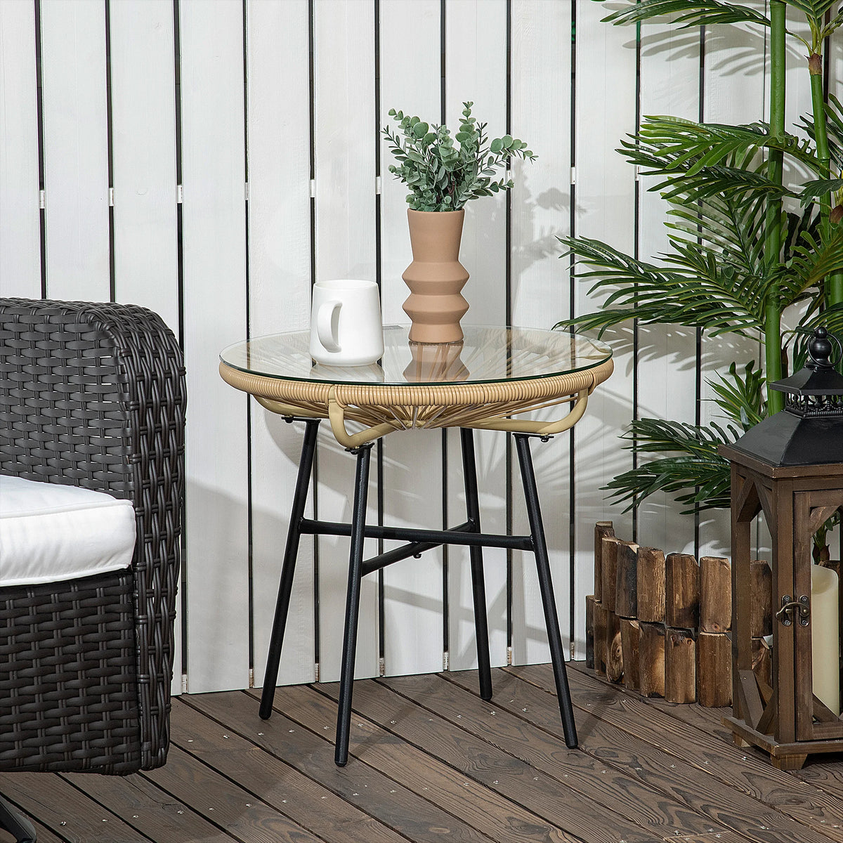 Rattan Side Table, Round Outdoor Coffee Table, with Round PE Rattan and Tempered Glass Table Top, Beige