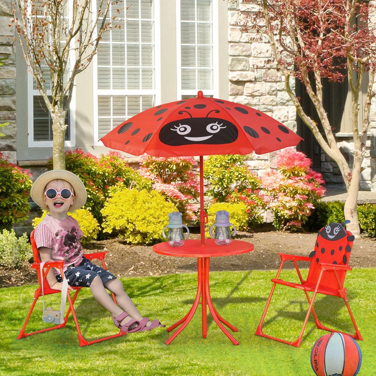 Kids Folding Picnic Table and Chair Set with Parasol Ladybird Pattern 2 Deck Chairs Metal Frame
