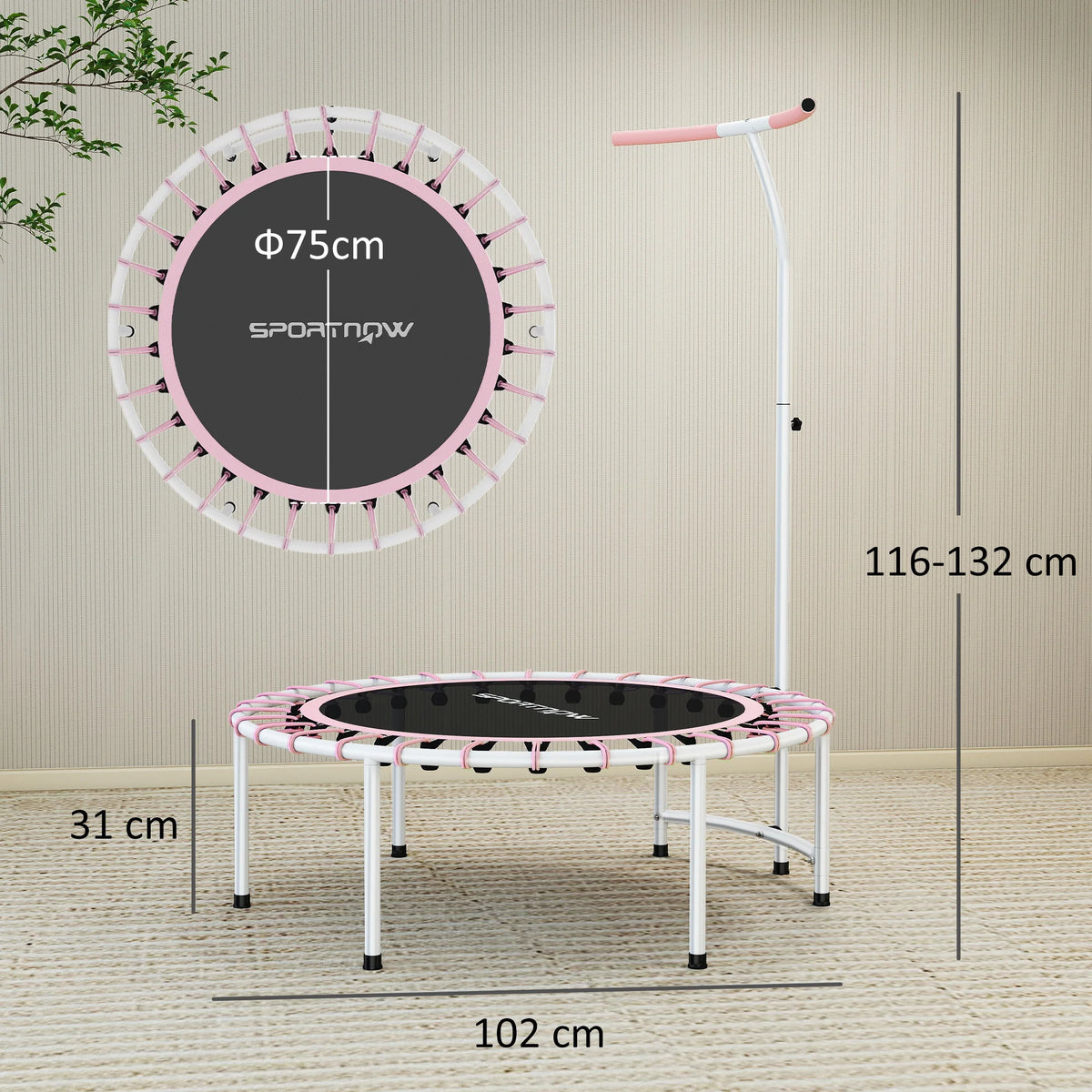 40" Fitness Trampoline, Mini Rebounder Trampoline for Adults with 5-Level Adjustable Handle, Max Load 100KG, Pink