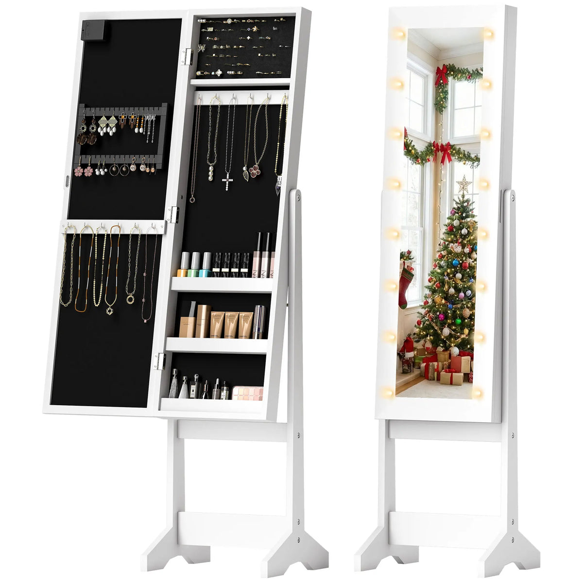 Freestanding LED Mirrored Jewellery Cabinet with Full-Length Mirror, White