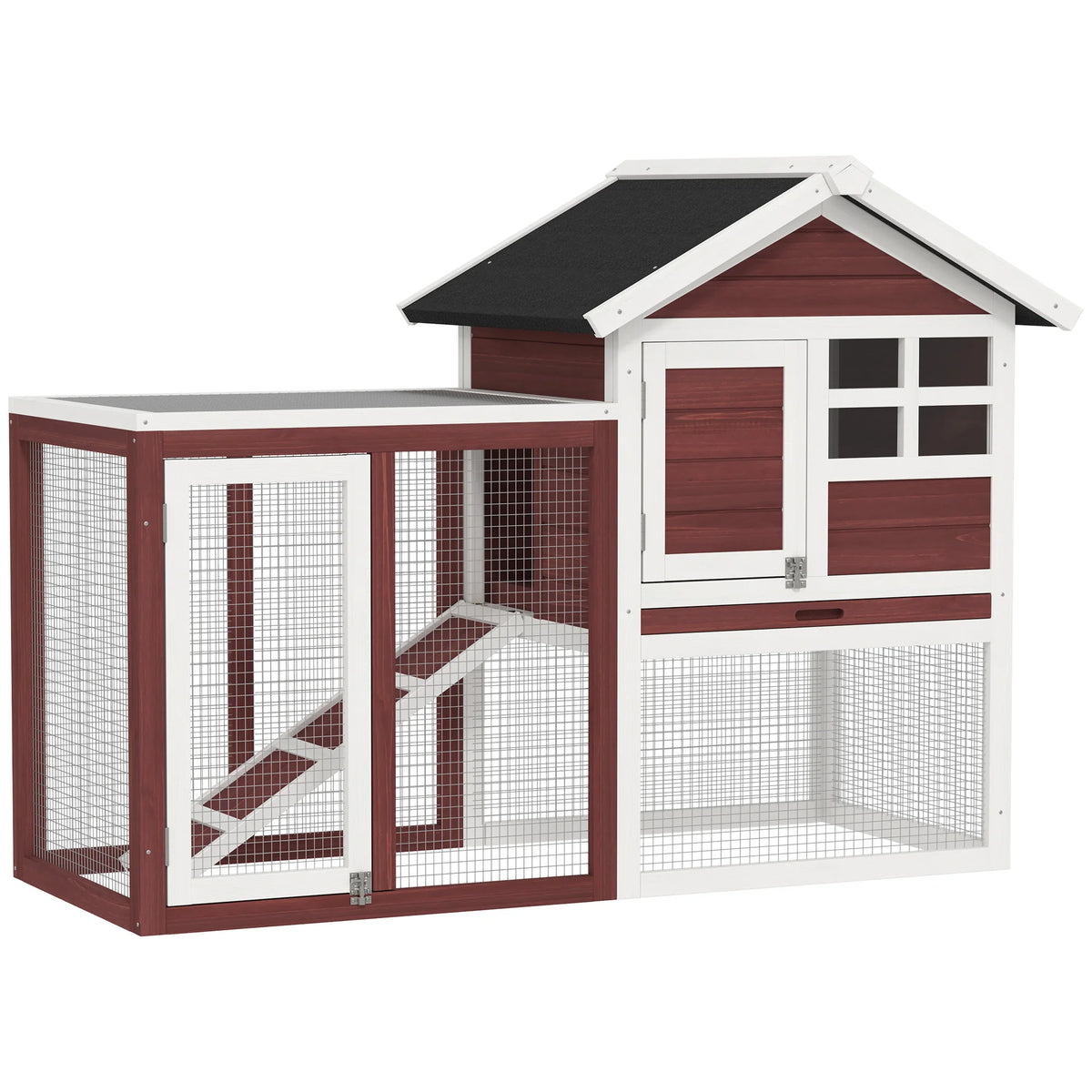 Wooden Rabbit Hutch 122cm 2 Storey Bunny Cage with Steel Wire Run Ramp Slanted Asphalt Roof and Tray