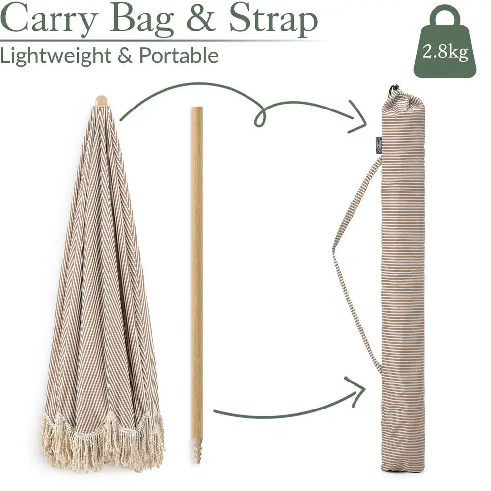 2m Tilting Garden Parasol with Cotton Tassels, Portable Beach Umbrella, UV50, Taupe Stripe