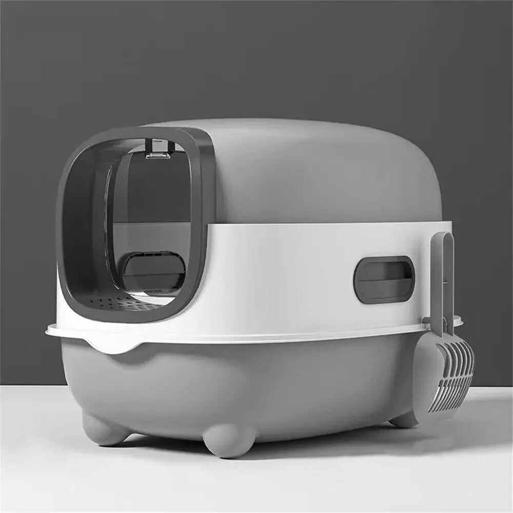 Large Enclosed Cat Litter Box Hooded Front Entry 34x56x38cm Anti-Splash with Scoop Grey