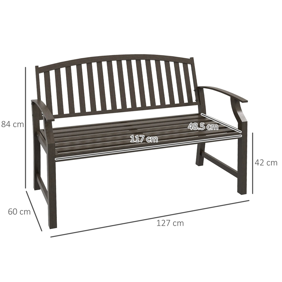 Garden Bench, Outdoor Metal Bench with Slatted Seat and Backrest, Curved Armrests