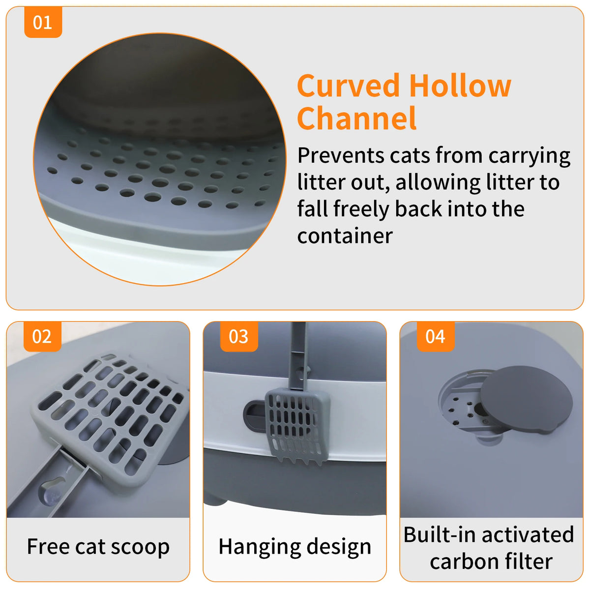Large Enclosed Cat Litter Box Hooded Front Entry 34x56x38cm Anti-Splash with Scoop Grey