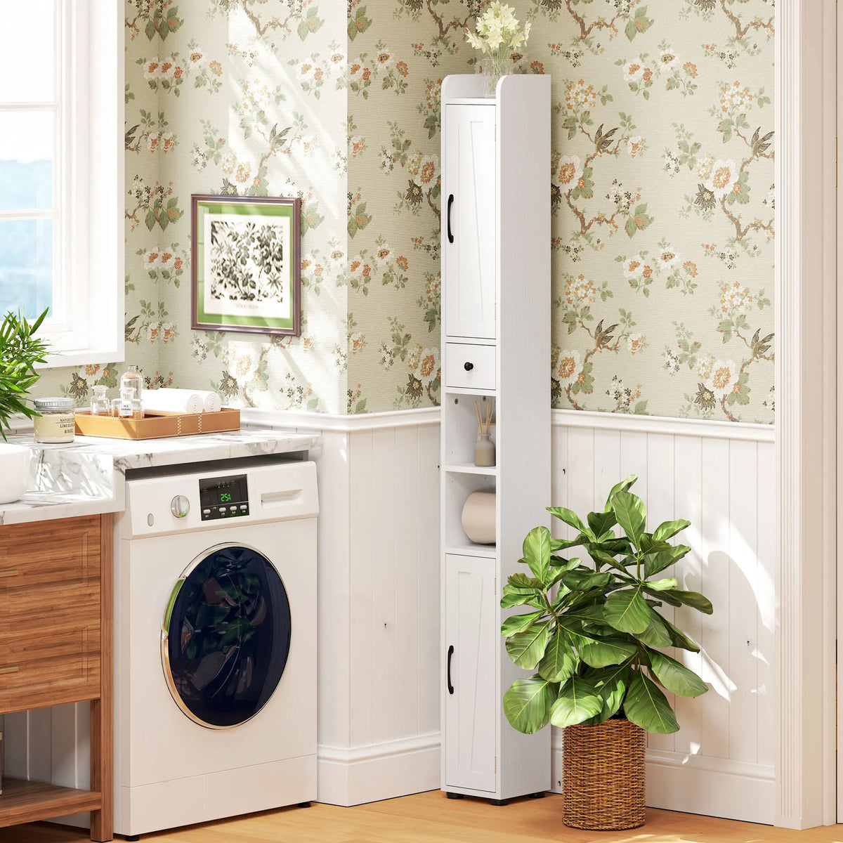 Tall Slim Bathroom Storage Cabinet with Toilet Roll Holder, White