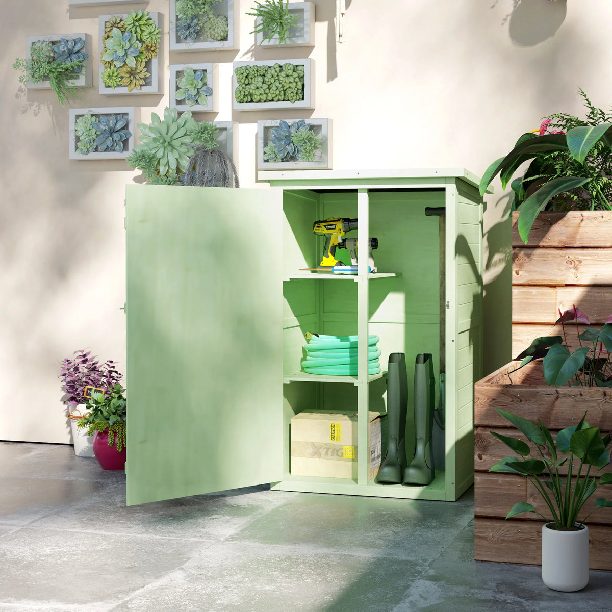 Wooden Garden Tool Shed with Shelves, 75 x 56 x 115cm, Green