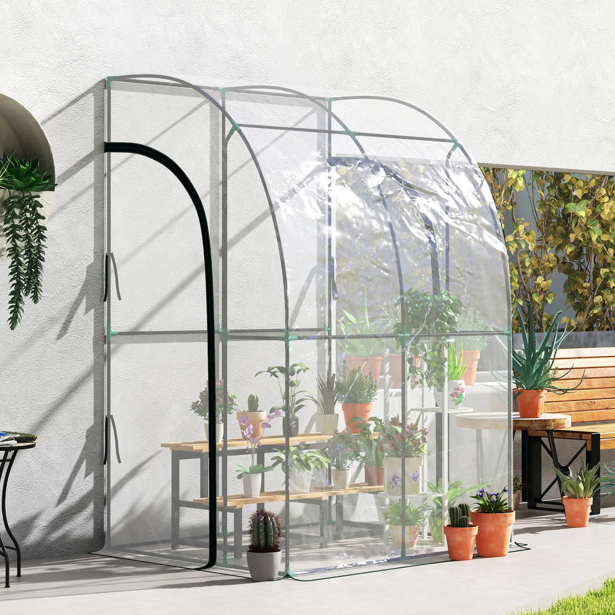 143 x 118 x 212cm Outdoor Walk-In Lean-To Wall Tunnel Greenhouse with Roll-Up Doors