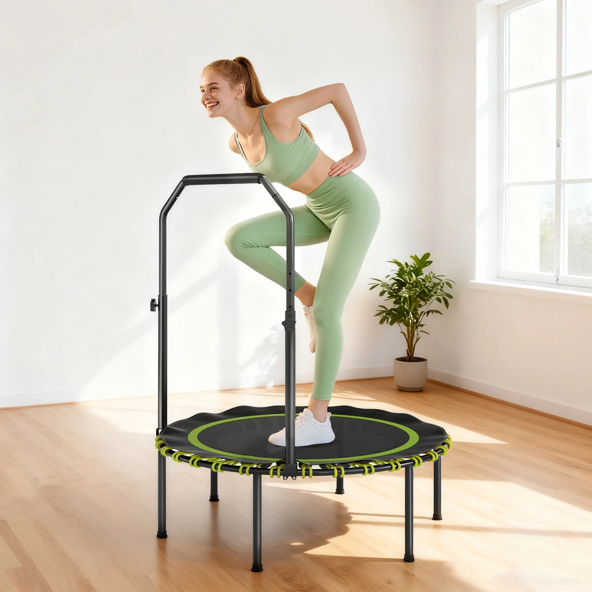 40'' Foldable Fitness Trampoline, Mini Trampoline Bungee Rebounder with 5-Level Adjustable Handle for Adults Indoor Outdoor