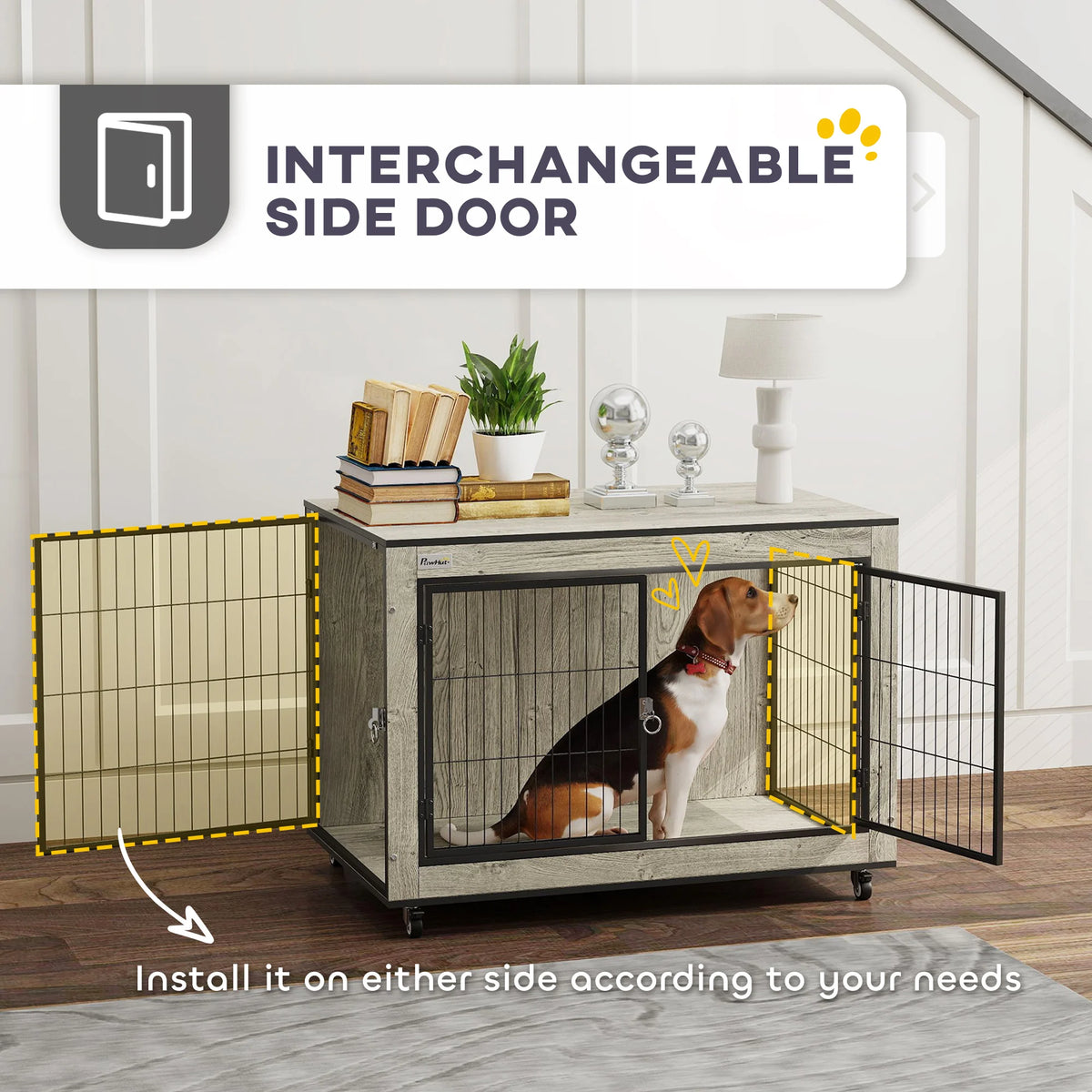 Dog Crate Furniture on Wheels, for Medium Dogs, 80 x 56 x 62.5cm