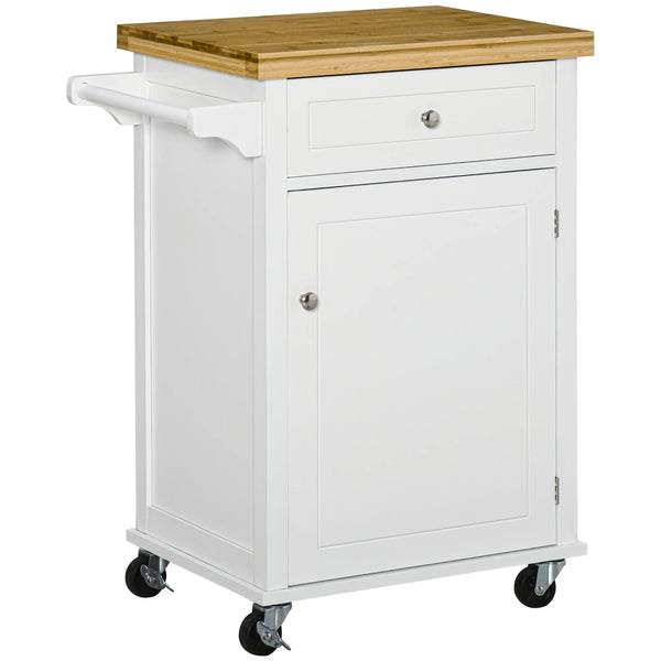 Rolling Kitchen Cart Storage Trolley with Drawer & Towel Rail, White