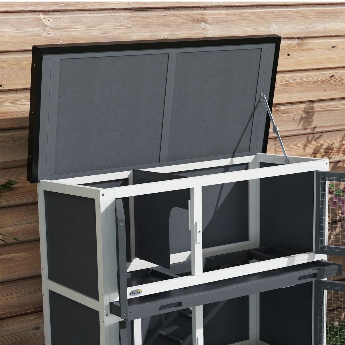 Two-Tier Wooden Rabbit Hutch with Ramp, Slide-Out Trays and Openable Roof, Grey