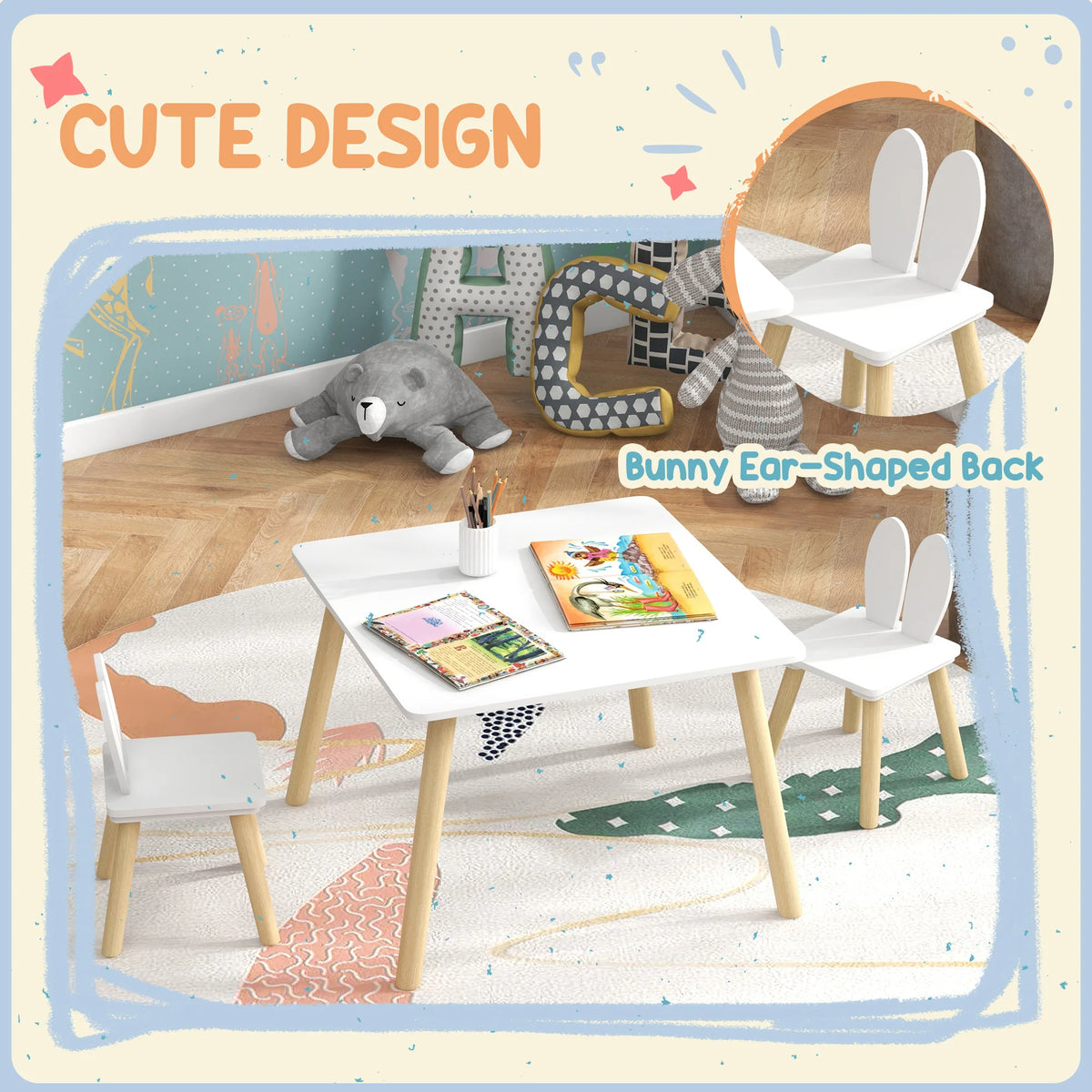 3 Piece Toddler Table and Chair Set with Bunny Ear Backrests MDF and Pine Wood Legs Chairs Tuck Under White
