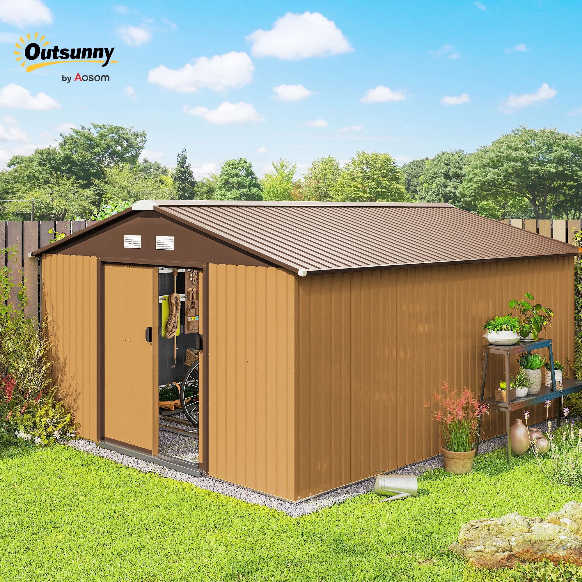 13 x 11ft Galvanised Metal Garden Shed with Double Sliding Lockable Doors, Foundation Kit and Ventilation