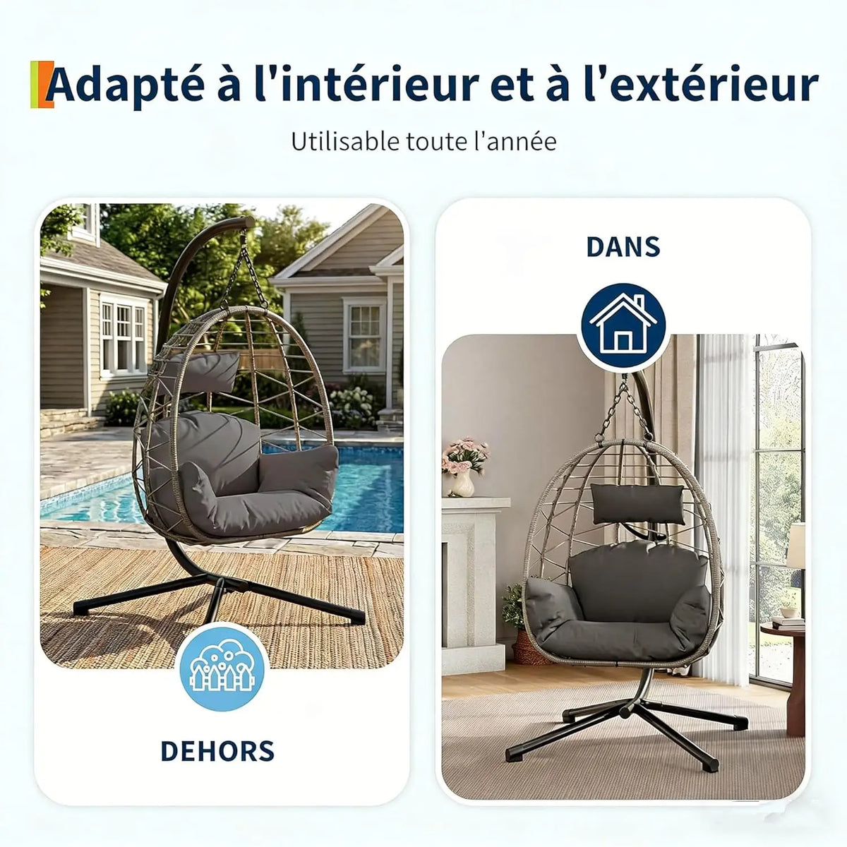 Garden Rattan Hanging Egg Chair with Stand Cushions 150kg Foldable All-Weather Cover for Patio Outdoor