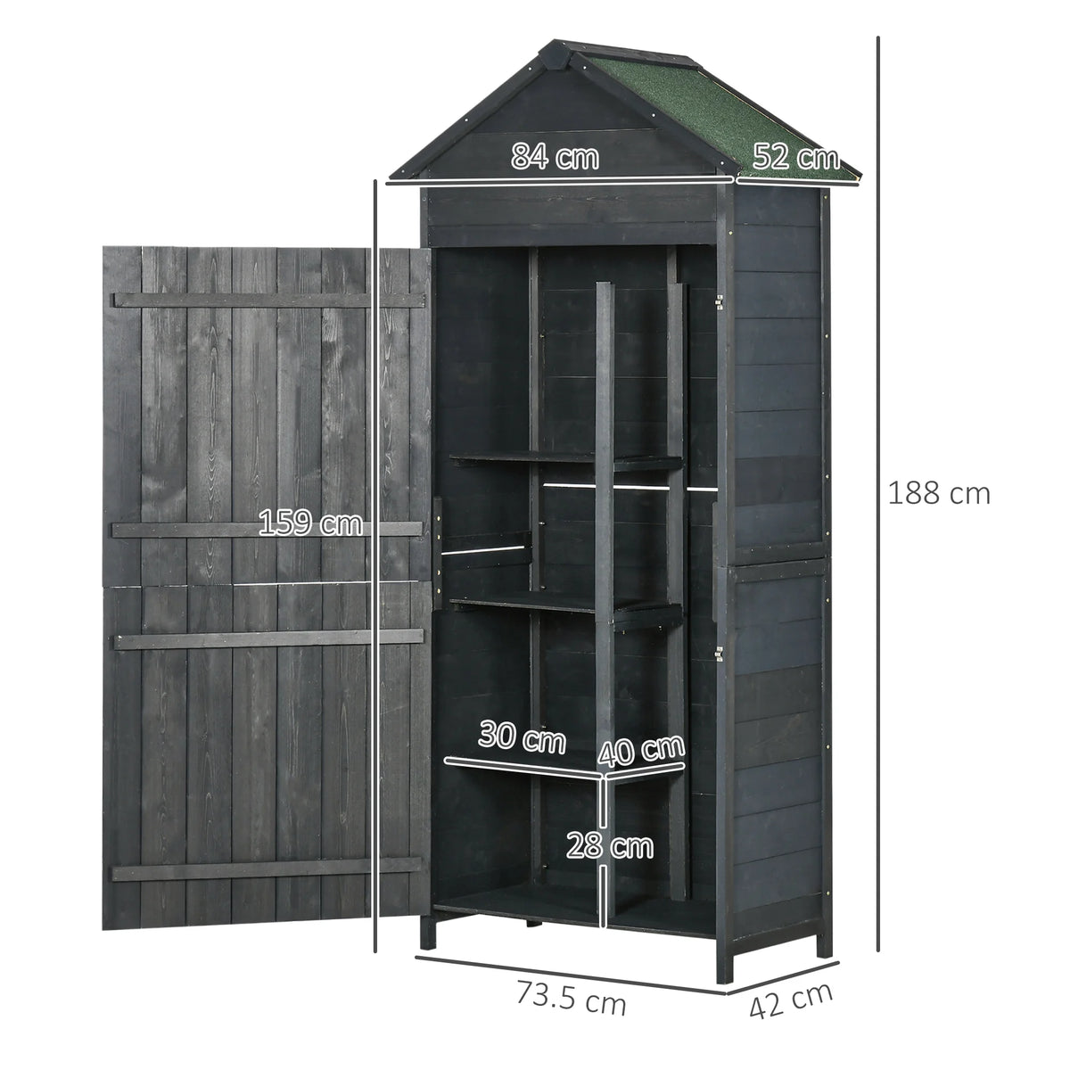 Wooden Garden Storage Shed with 3 Shelves and 2 Doors, 84 x 52 x 188 cm, Grey