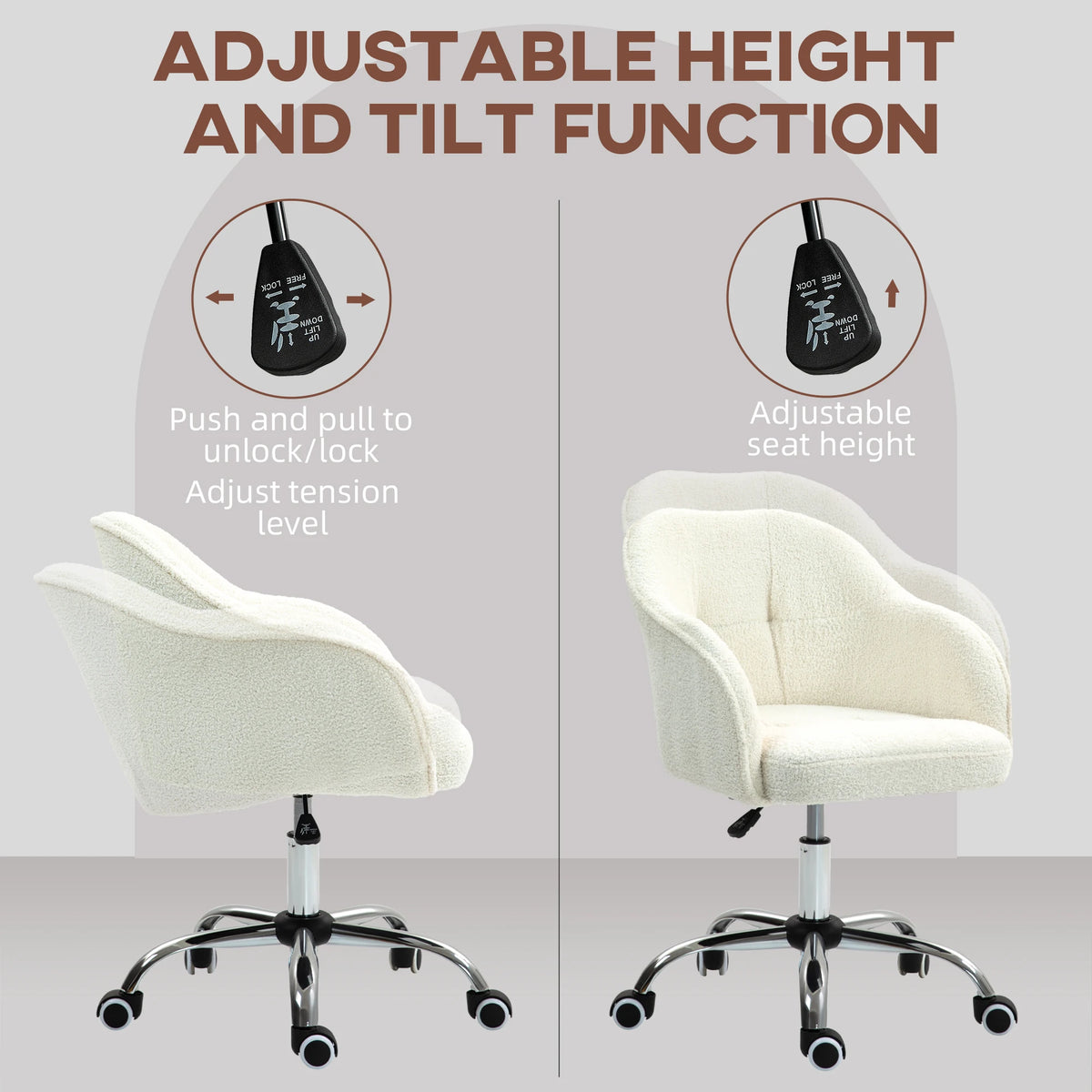 Fluffy Vanity Chair with Teddy Fleece Upholstery Height Adjustable 46-56cm 5 Wheels and Tilt Function