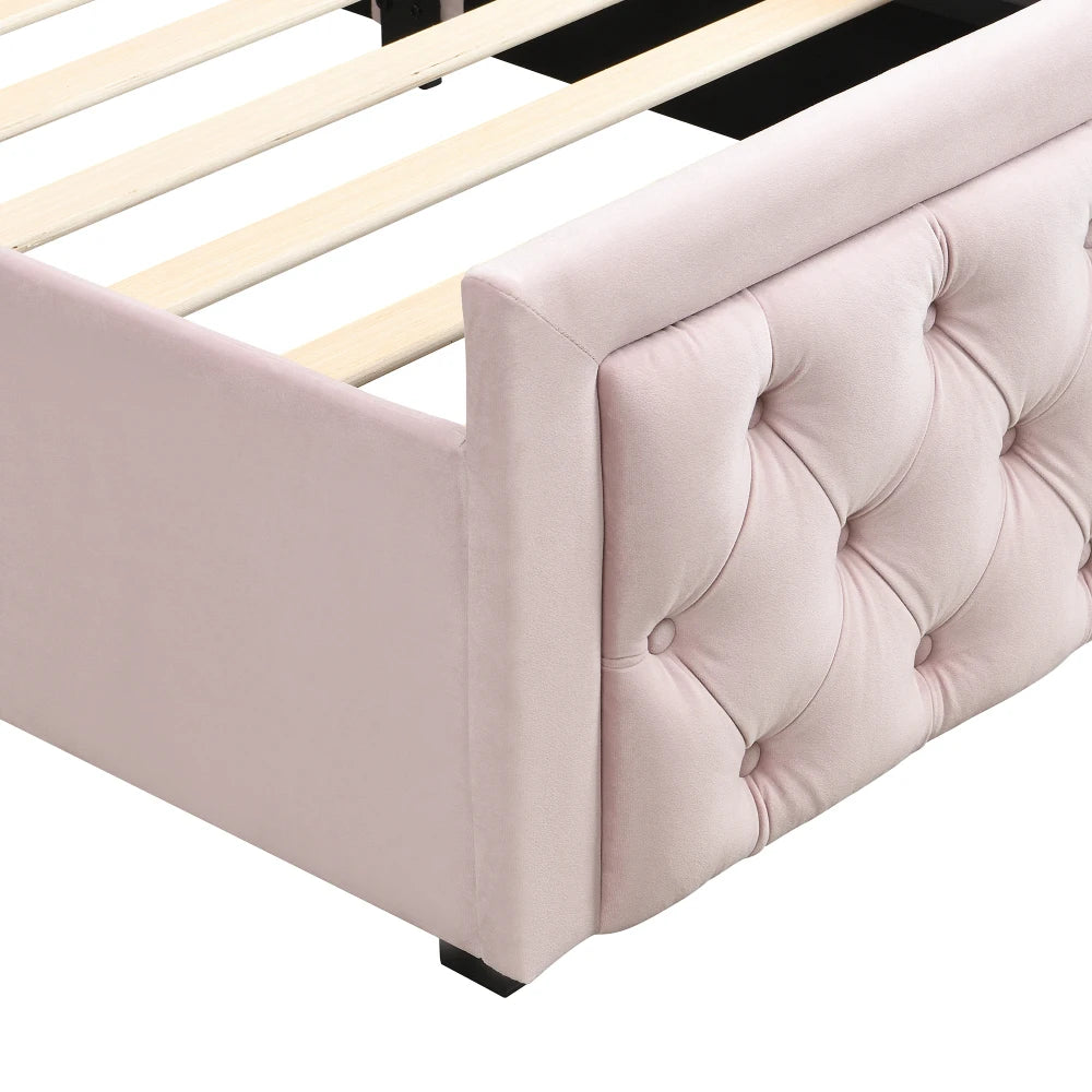 Upholstered Single Bed 3FT 90 x 190cm, Children's Hydraulic Storage Bed with Headboard, Pink Velvet
