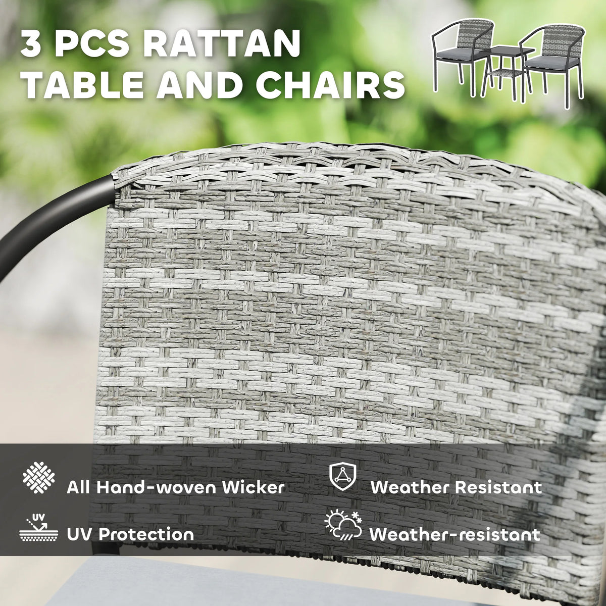 3 PCS Rattan Bistro Set with Cushions Glass Top Coffee Table and Chairs