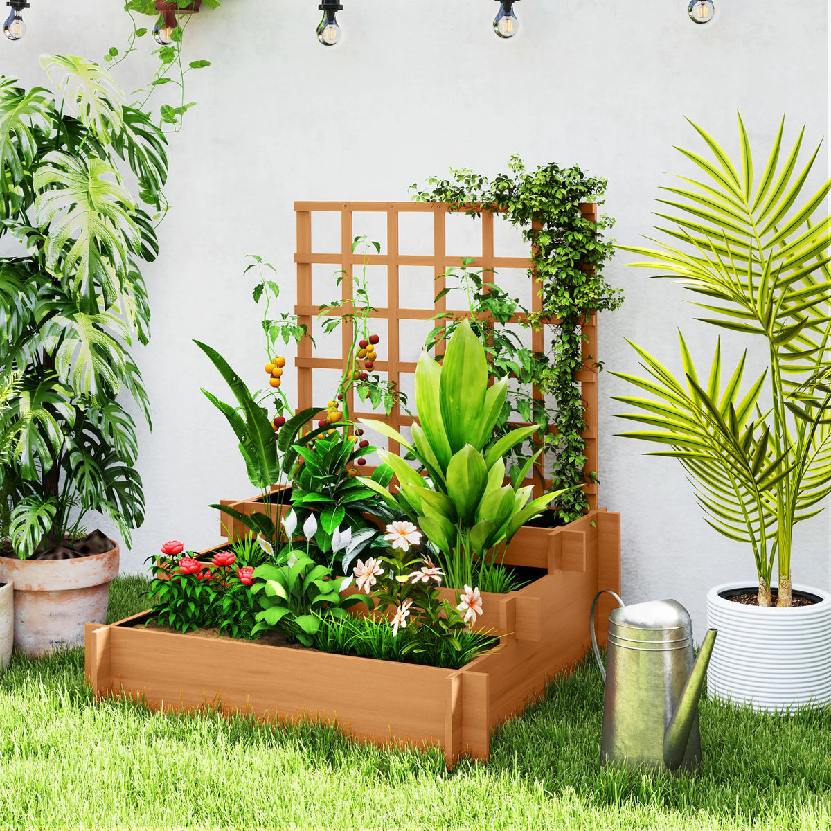 3 Tier Wooden Planters with Trellis, Outdoor Raised Beds for Garden, Natural